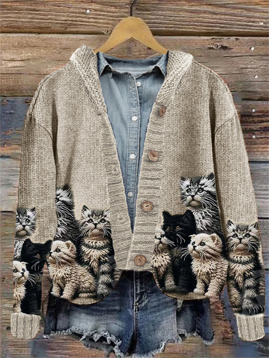 Comstylish Fuzzy Cats Crochet Art Cozy Knit Hooded Cardigan