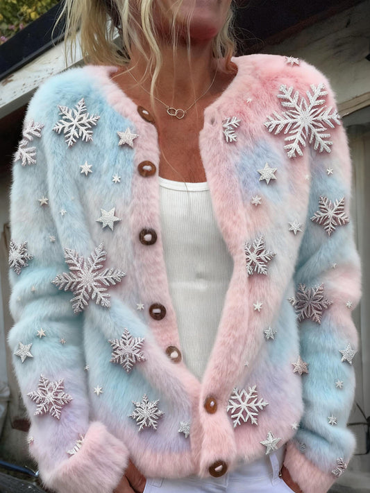 Comstylish Classy Christmas Snowflake Art Cozy Knit Cardigan