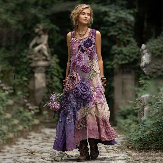 Classy Gradient Purple Lavender And Floral Embroidered Linen Maxi Dress