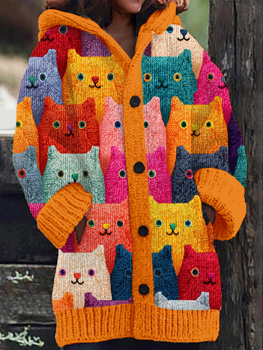 Vintage Colorful Cats Pattern Cozy Hooded Cardigan elevenforest