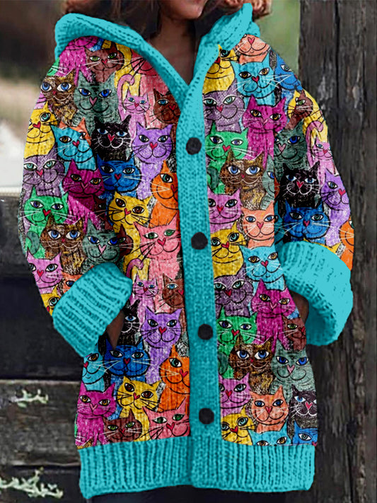 Cute Colorful Cats Graphic Cozy Hooded Cardigan elevenforest