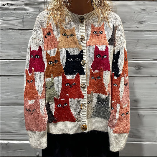 Women's Cat-themed Embroidered Cardigan Sweater elevenforest