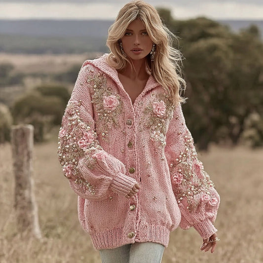Comstylish Women's Vintage Flower Embroidery Art Hooded Sweater Cardigan