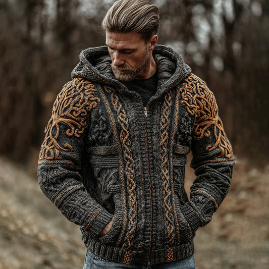 Men's Vintage Viking Celtic Knot Knit Zipper Aran Sweater Hooded Cardigan elevenforest