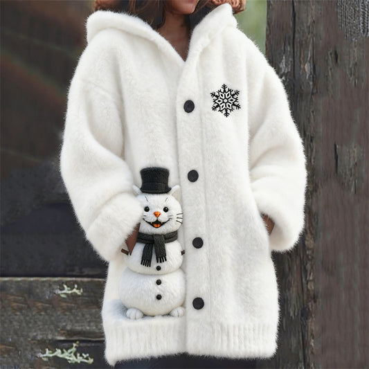 Comstylish Cat Snowman & Snowflake Cozy Hooded Cardigan
