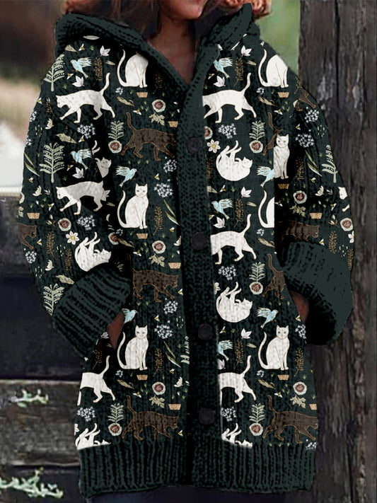 Lovely Cats Pattern Cozy Hooded Cardigan elevenforest