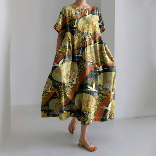 Comstylish Japanese Art Chiyogami Painting Print Linen Blend Dress