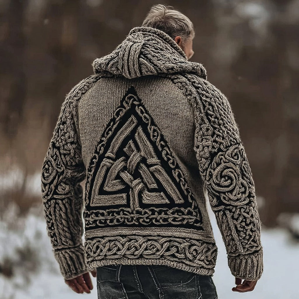 Men's Viking Valknut Runes Celt Chunky Knit Hooded Cardigan artswardrobe