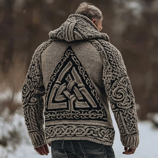 Men's Viking Valknut Runes Celt Chunky Knit Hooded Cardigan artswardrobe