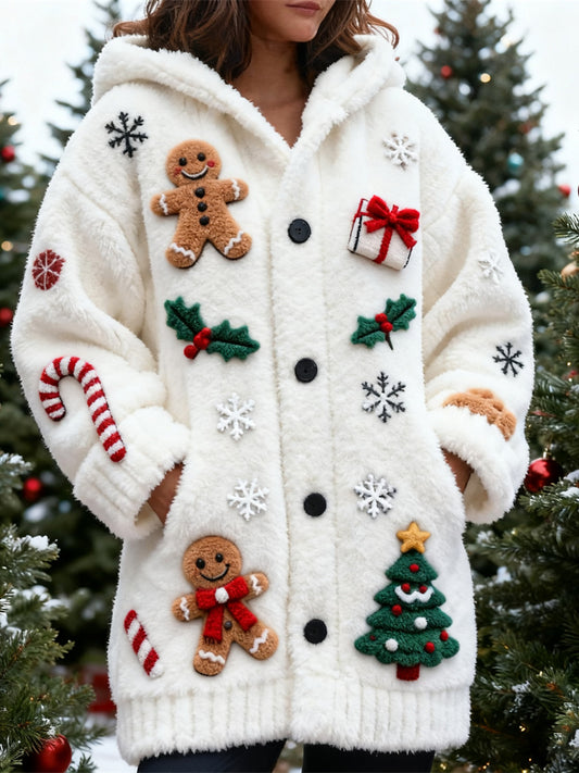 Winter Christmas Elements Design Women's Hooded Plush Cardigan
