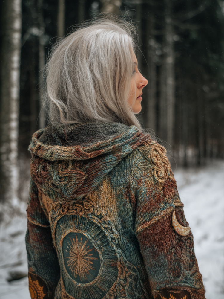 Women's Star And Moon Element Winter Warmth Knit Hooded Cardigan Sweater artswardrobe