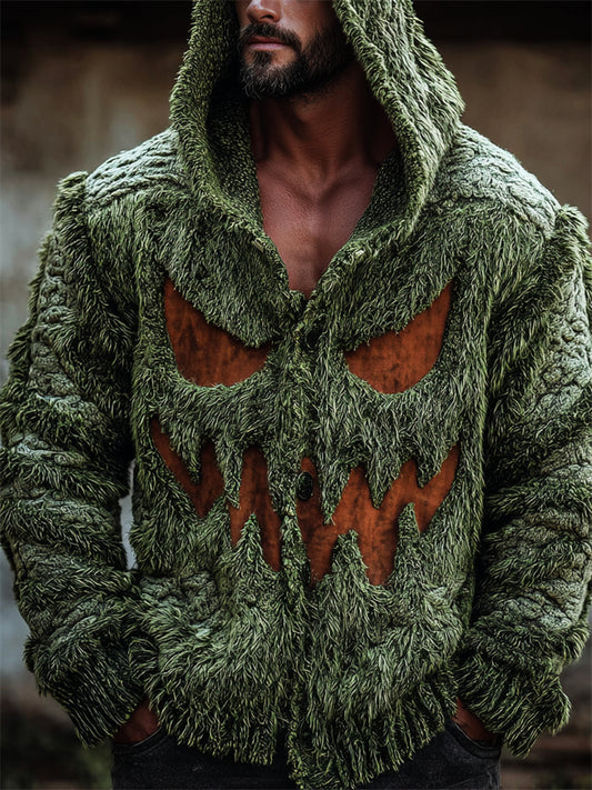 Men's Halloween Fuzzy Monster Face Cozy Knit Hooded Cardigan artswardrobe