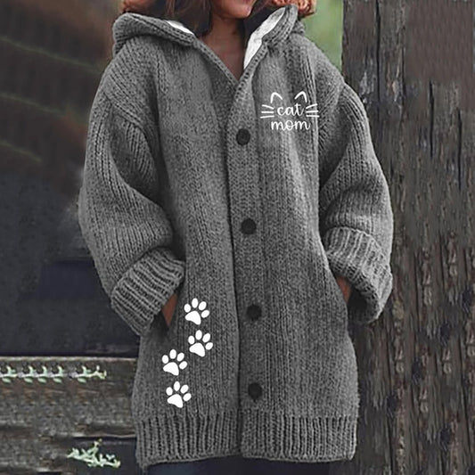 Cat Print Long Sleeved Knitted Hooded Cardigan elevenforest