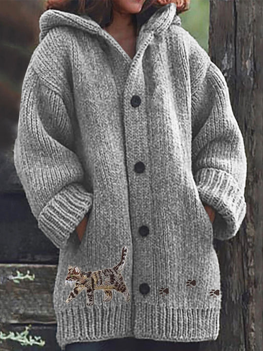 Cat & Paw Prints Embroidered Cozy Knit Hooded Cardigan elevenforest