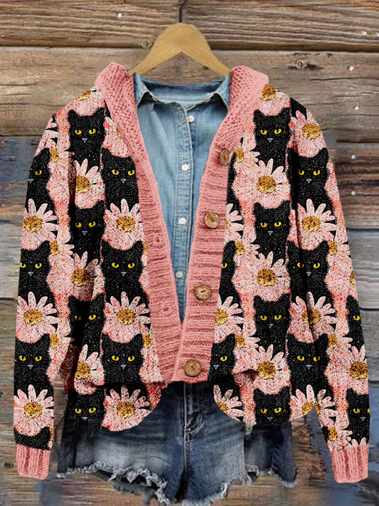 Gold Glitter Black Cat Art Cozy Hooded Cardigan elevenforest