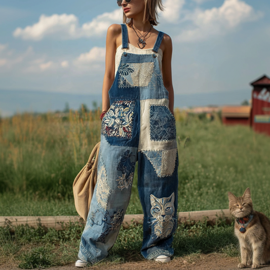 Japanese Art Style Cat And Plant Flower Pattern Embroidery Women's Cotton And Linen Overalls elevenforest