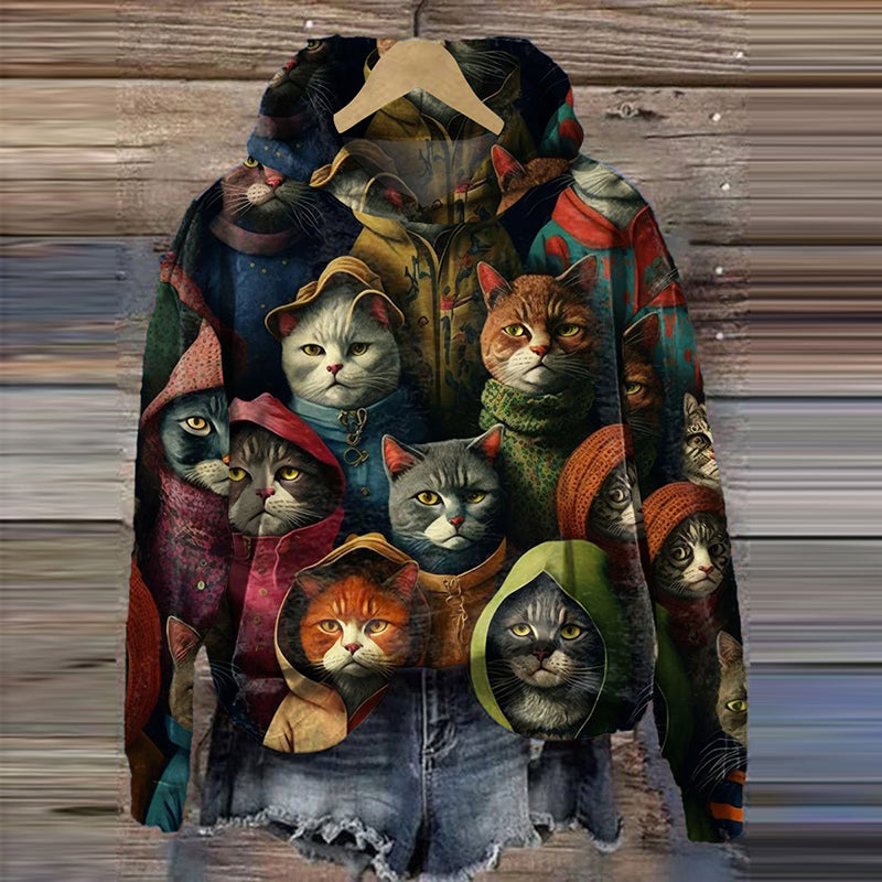 Women Cute Cats Art Print Casual Hoodie elevenforest