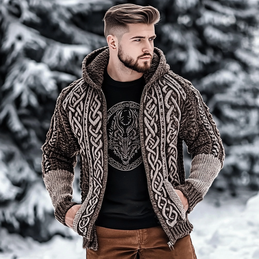 Men's Viking Contrast Color Jacquard Celtic Chunky Knit Zip-up Cardigan elevenforest