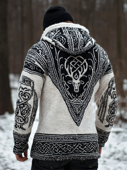 Comstylish Viking Celtic Knot & Elk Men's Fur Trim Hooded Sweater
