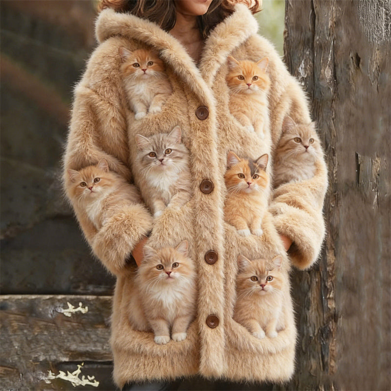 Cárdigan de lana beige con motivo de muchos gatos