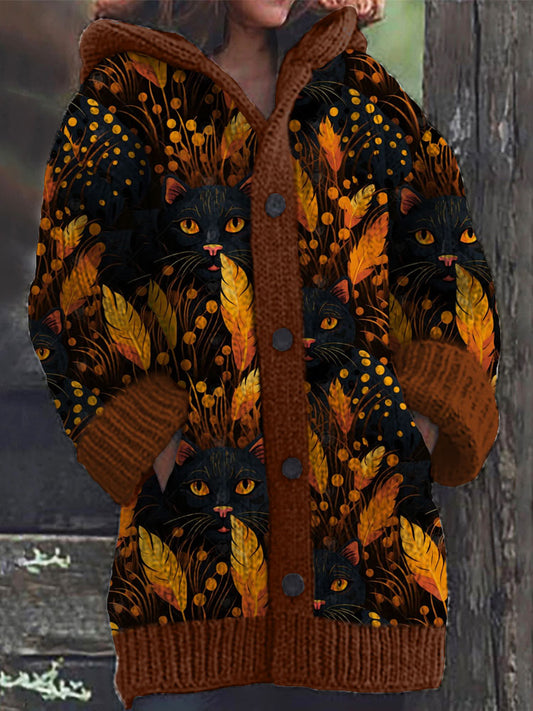 Colorful Cat Pattern Cozy Hooded Cardigan elevenforest