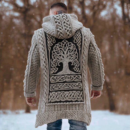 Men's Viking Celtic Knot Jacquard With Tree Of Life Knit Zipped Aran Sweater Hooded Cardigan artswardrobe