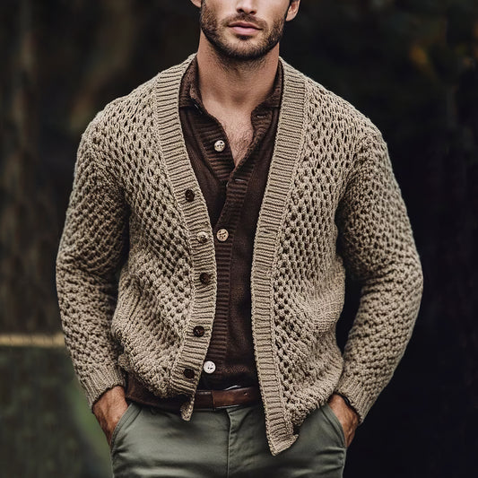 Men's Vintage Chunky Knit Jacquard V-neck Cardigan Sweater elevenforest