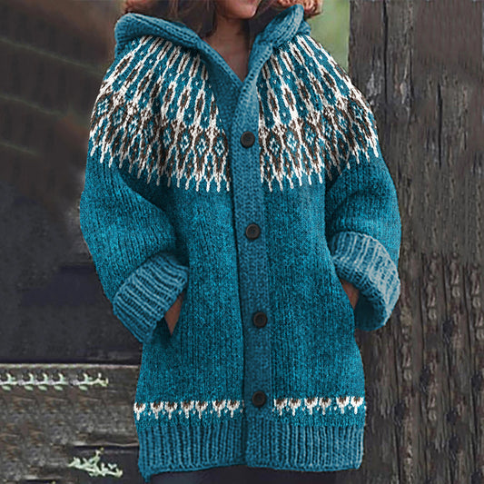 Vintage Icelandic Geometry Pattern Cozy Hooded Cardigan elevenforest