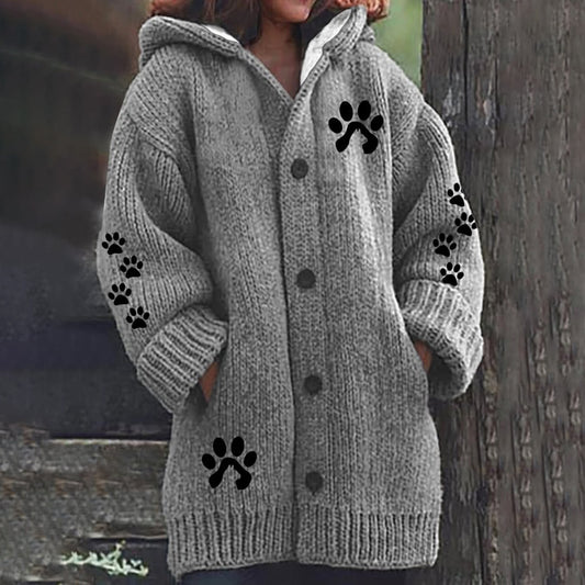 Cute Paw Print Long Sleeved Knitted Hooded Cardigan elevenforest