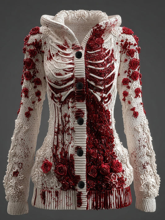 Classy Skeleton Bloody Roses Hooded Sweater Cardigan artswardrobe