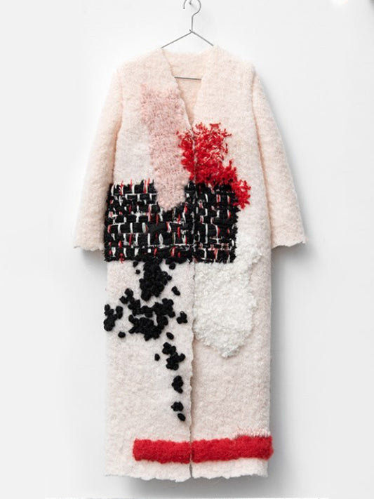 Comstylish Repairing Tweed Patchwork Fiber Art Cozy Long Cardigan