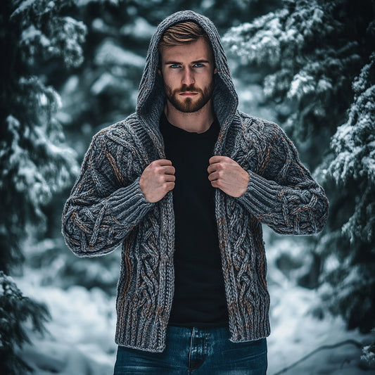 Men's Vintage Celtic Knot Jacquard Chunky Knit Cozy Zip Up Cardigan Sweater elevenforest