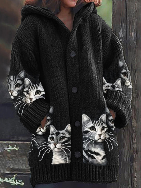 American Shorthair Cats Crochet Cozy Knit Hooded Cardigan elevenforest