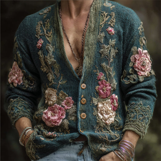 Men's Vintage Floral Embroidered Comfy Knit Cardigan elevenforest