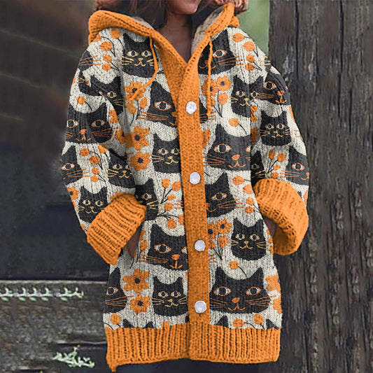 Floral Black Cat Pattern Cozy Hooded Cardigan elevenforest