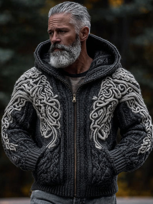 Men's Viking Style Contrasting Thick Needle Hooded Cardigan Sweater artswardrobe
