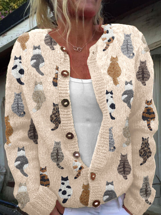Cute Cats Embroidery Pattern Cozy Knit Cardigan elevenforest
