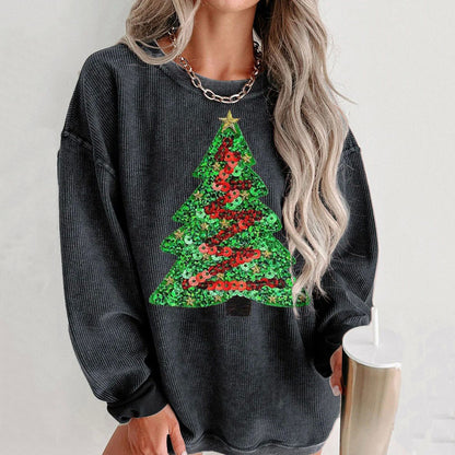 Comstylish Sequin Christmas Tree Print Crew Neck Sweatshirt