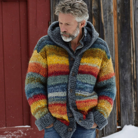 Men's Vintage Rainbow Stripe Knit Jacquard Fairman Island Jacquard Thick Warm Hooded Sweater Cardigan elevenforest