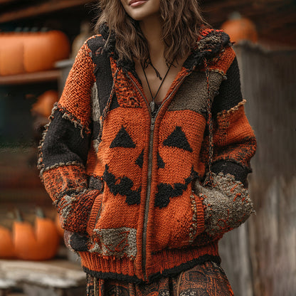 Patchwork Halloween Pumpkin Face Art  Cozy Knit Hooded Cardigan elevenforest