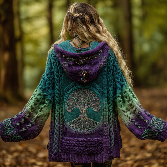 Women's Vintage Viking Tree Of Life Gradient Art Knit Zipper Cardigan Sweater elevenforest