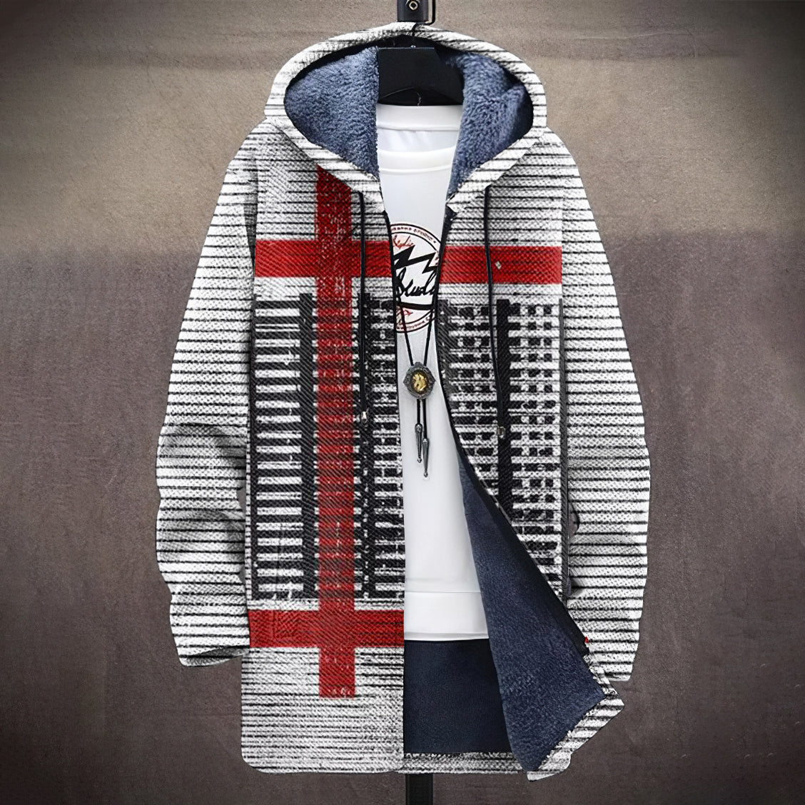Retro QR Code Stripe Printed Plush Men'S Hooded Jacket elevenforest
