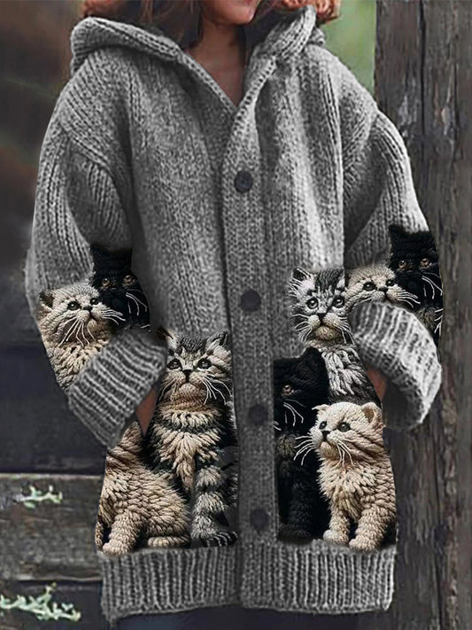 Fuzzy Cats Crochet Art Cozy Knit Hooded Cardigan elevenforest