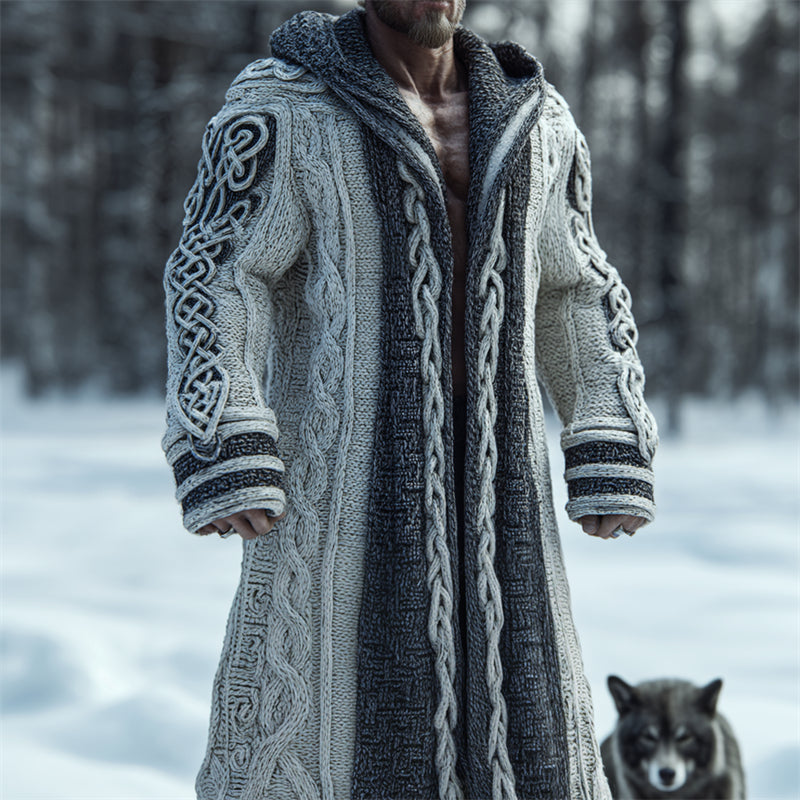 Men's Viking Celtic Knot Contrast Chunky Cozy Hooded Long Cardigan artswardrobe