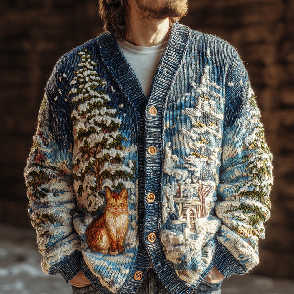 Snow Pine & Cat Men's Knit Cardigan artswardrobe