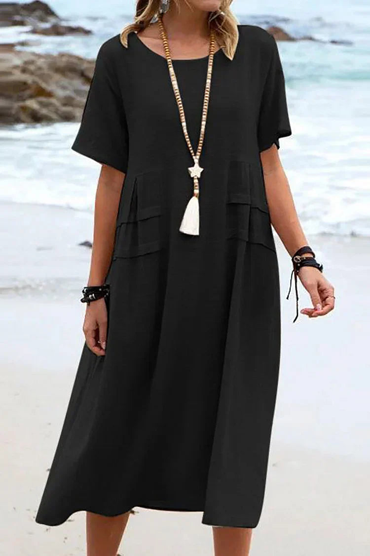 KL | Vestido informal suelto de manga corta con escote redondo y colores lisos