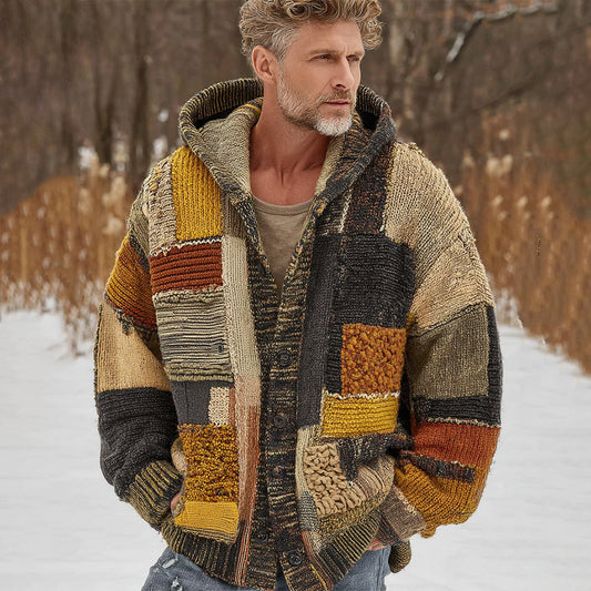 Men's Vintage Sunset Style Colorblock Patchwork Cozy Knit Jacquard Fairman Island Jacquard Thick Warm Hooded Sweater Cardigan elevenforest