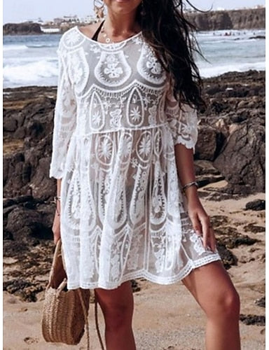 Swimwear Cover Up Swim Dress Swimsuit Lace Vacation Beach Wear Color Round Neck Short Sleeves Bathing Suits
