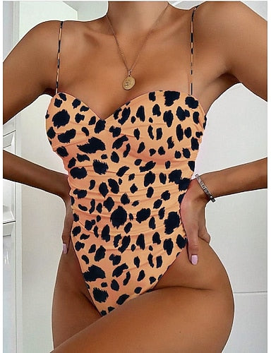 One Piece Swimsuit Slimming Cutout Underwire Leopard Monokini Tummy Control High Waist Slim Backless Vacation Beach Wear Color V Neck Sleeveless Bathing Suits
