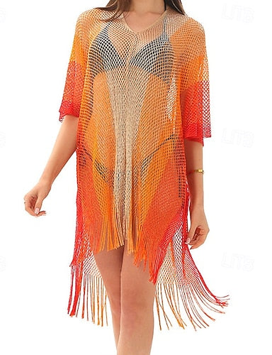 Swimwear Cover Up Swimsuit Fringe Hem Cut Out Vacation Beach Wear Ombre V Neck Short Sleeves Bathing Suits